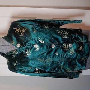 Japanese Style Silky Satiny Green And Gold Jacket Long Sleeve Shirt Shacket S/M